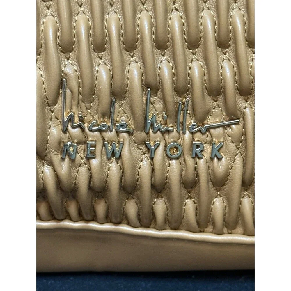 Nicole Miller New York Brown Woven Satchel Shoulder Bag Purse Zip Gold HW EUC